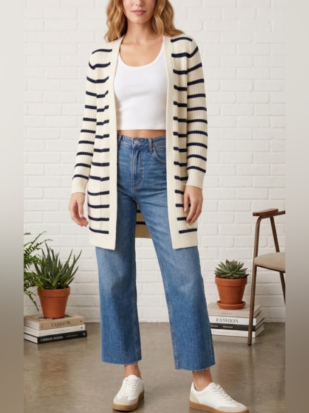 Gap Cardigan Sweater XS Navy Blue Striped Open Front Pockets Nautical Boho